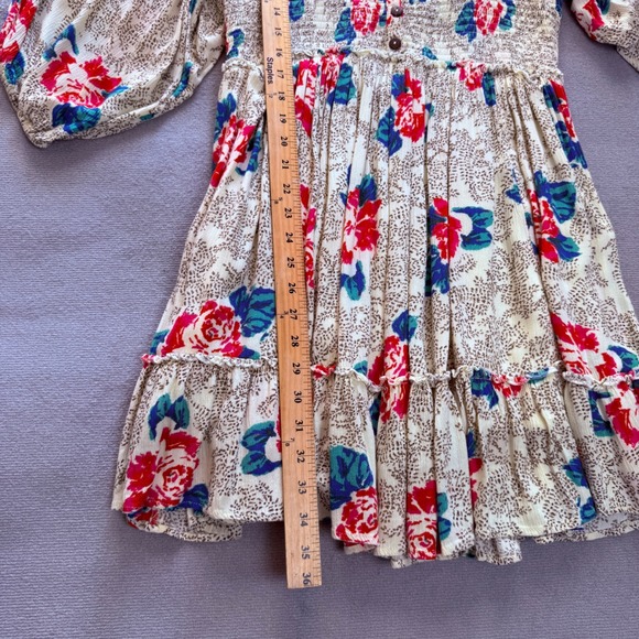 Free People Floral Boho Smocked Mini Dress Balloon Sleeve Size L Whimsical Retro - Picture 8 of 13
